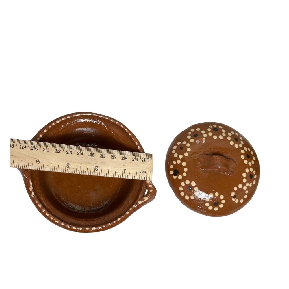 Handmade Terracotta Lidded Bowl | Mexican Folk Pottery Cazuela Repaired Handle - Picture 7 of 9